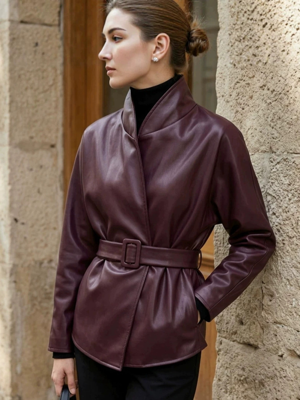 Forever 21 Winter Biker Wine Red Leather Jacket Stand Collar Waist Lace Up
